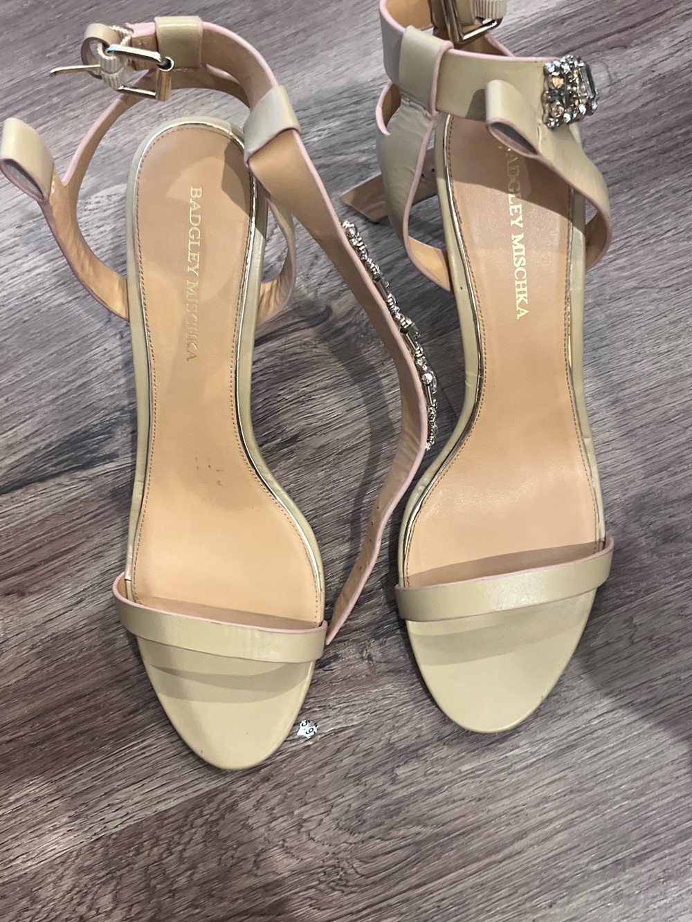 Badgley Mischka Nude Beige Crystal-Ankle Strap Heels